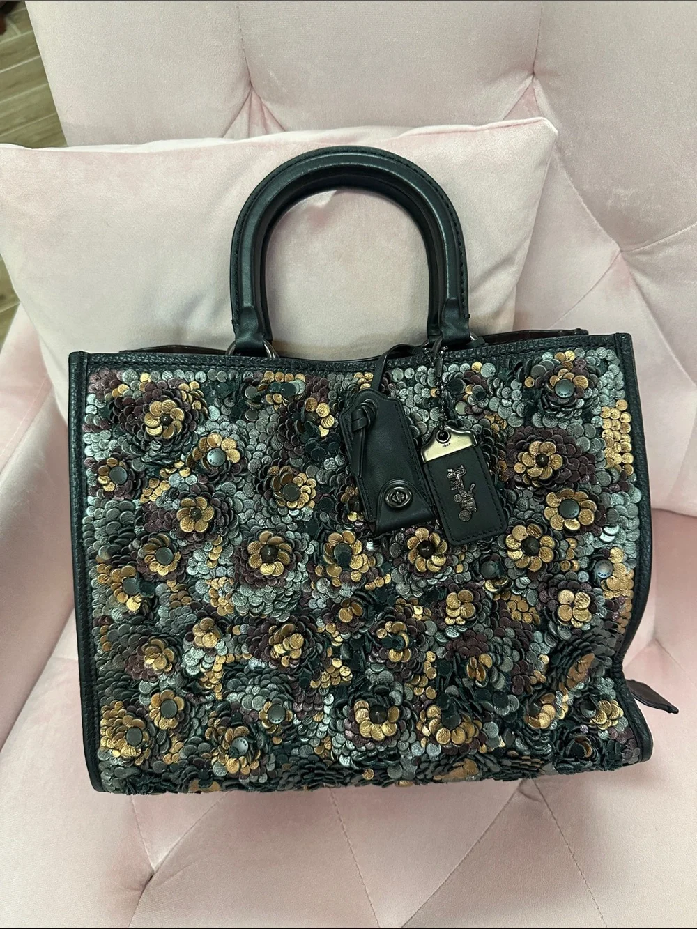 Coach Black Sequin Floral Satchel